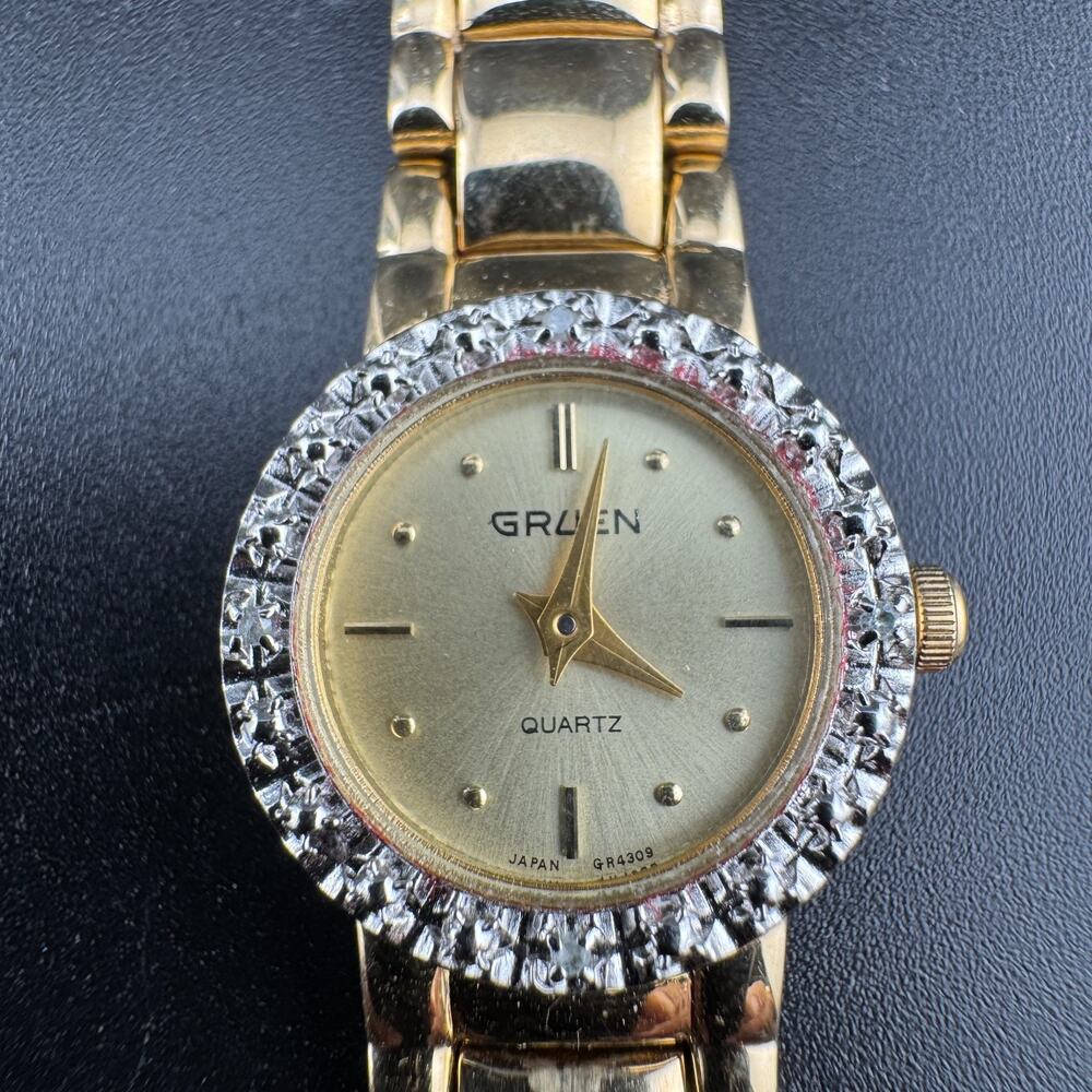 Gruen Quartz Ladies Gold-Tone Watch Crystal Halo Bezel